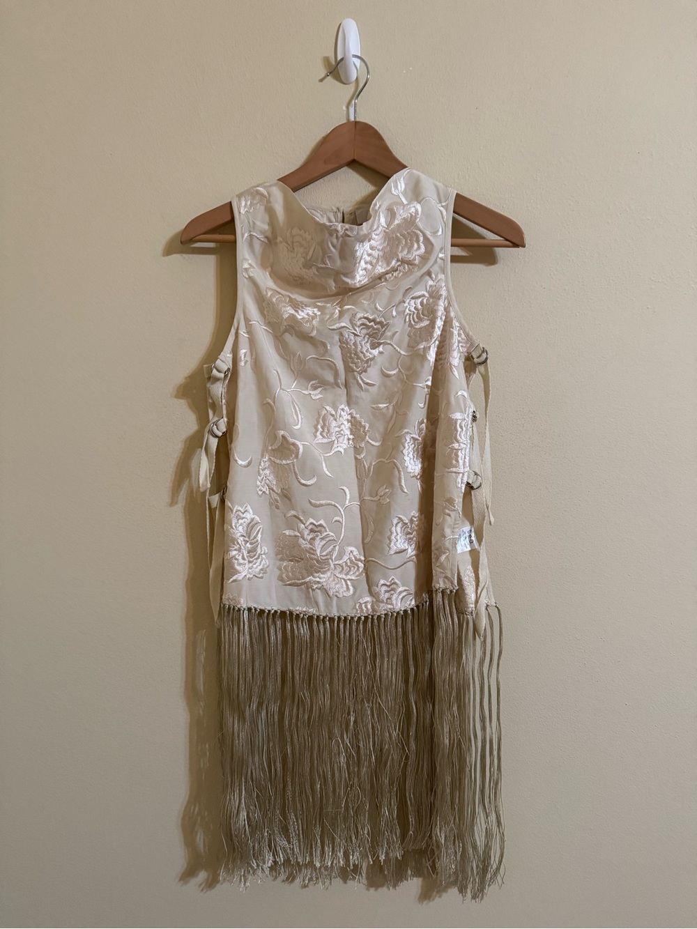 Sea New York Priscilla Embroidery Cowl Neck Fringe Vest Cream Size XS
